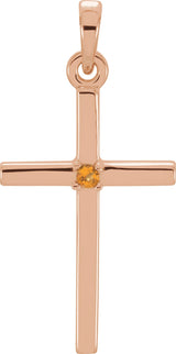 14K Gold Round Natural Citrine Birthstone Cross Pendant - Rose Gold