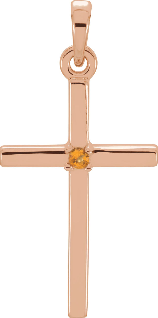 14K Gold Round Natural Citrine Birthstone Cross Pendant - Rose Gold
