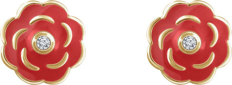 10K Gold Round Natural Diamond Youth Enamel Flower Earrings - view 2