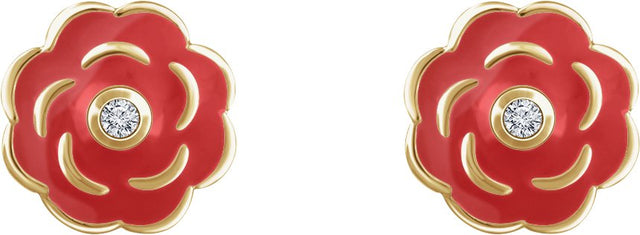 10K Gold Round Natural Diamond Youth Enamel Flower Earrings - view 2