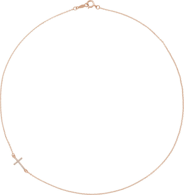 14K Gold Round Natural Diamond Accented Sideways Cross Necklace - Rose Gold - view 2