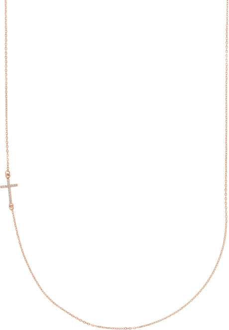 14K Gold Round Natural Diamond Accented Sideways Cross Necklace - Rose Gold