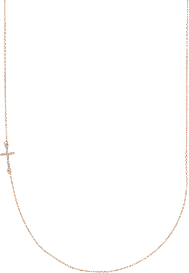14K Gold Round Natural Diamond Accented Sideways Cross Necklace - Rose Gold