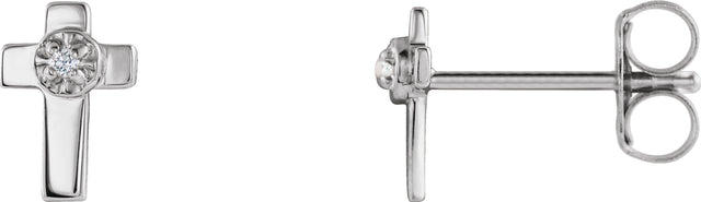 14K Gold Round Natural Diamond Accented Cross Earrings - White Gold