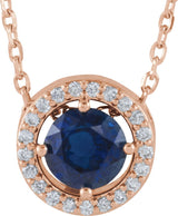 14K Gold Round Natural Blue Sapphire Halo-Style Necklace or Pendant - Rose Gold