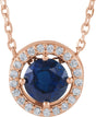 14K Gold Round Natural Blue Sapphire Halo-Style Necklace or Pendant - Rose Gold