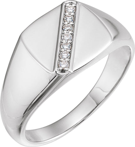 14K Gold Round Natural Diamond Square Signet Ring - White Gold