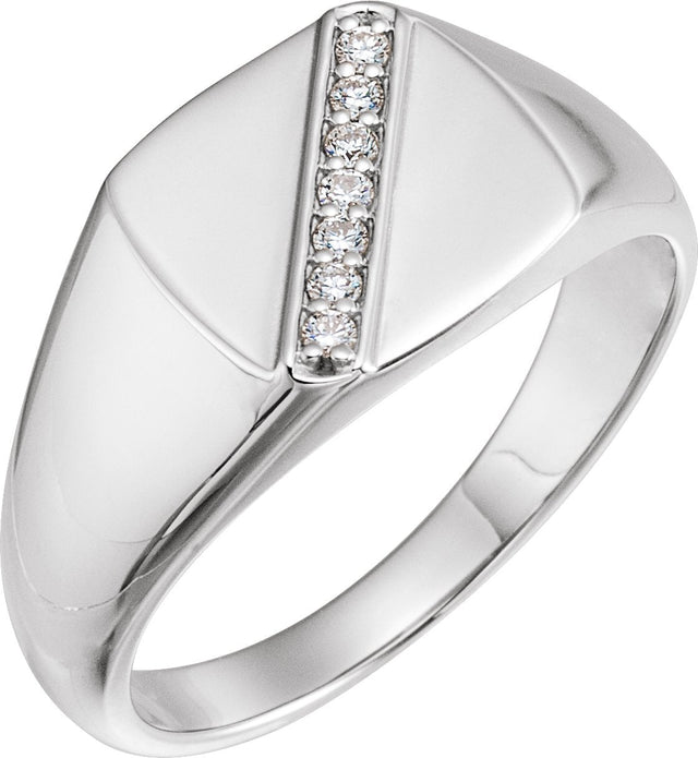14K Gold Round Natural Diamond Square Signet Ring - White Gold