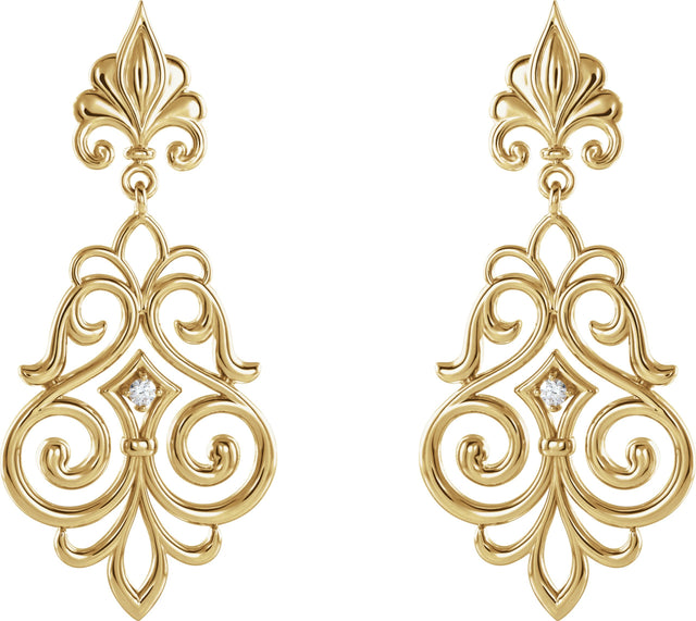 14K Gold Round Natural Diamond Fleur-de-lis Earrings – 2mm Stones - view 2