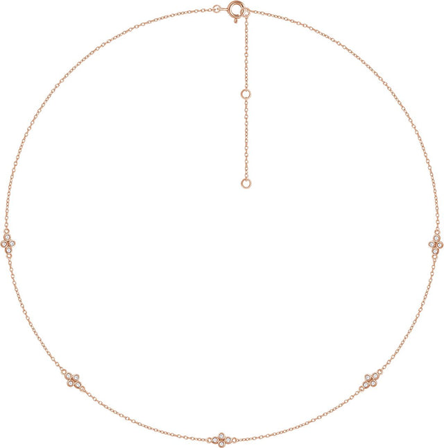 14K Gold Round Natural Diamond Station Necklace - Rose Gold