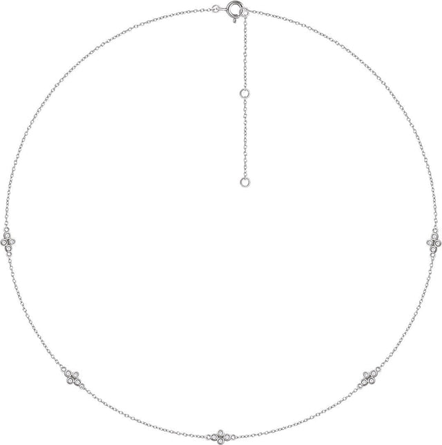 14K Gold Round Natural Diamond Station Necklace - White Gold