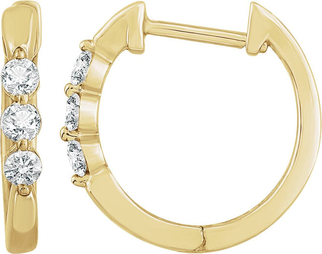 14K Gold Round Natural Diamond Three-Stone Hoop Earrings - Yellow Gold