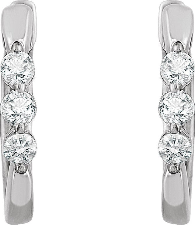 14K Gold Round Natural Diamond Three-Stone Hoop Earrings - White Gold - view 2