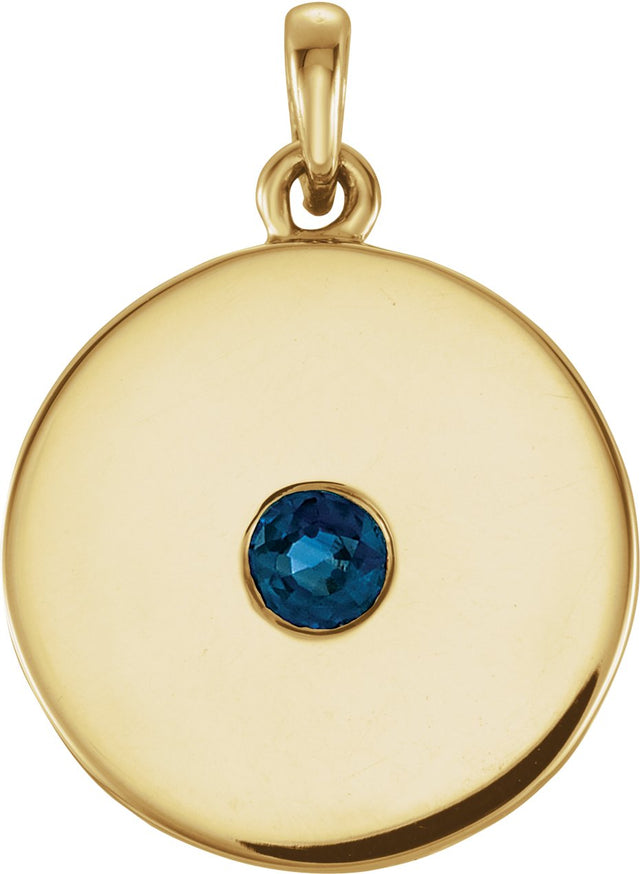14K Gold Round Natural Blue Sapphire Disc Necklace or Pendant - Yellow Gold