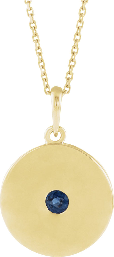 14K Gold Round Natural Blue Sapphire Disc Necklace or Pendant - Yellow Gold
