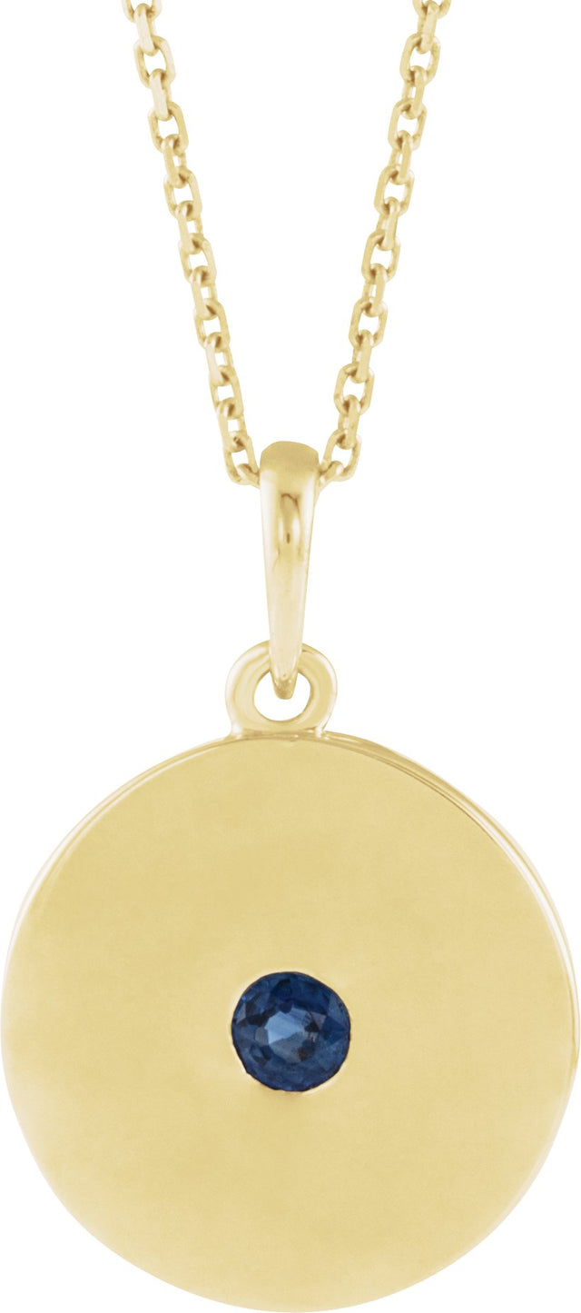 14K Gold Round Natural Blue Sapphire Disc Necklace or Pendant - Yellow Gold