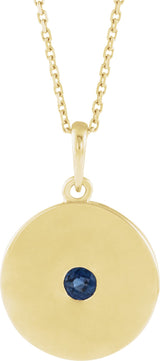 14K Gold Round Lab-Grown Blue Sapphire Disc Necklace or Pendant - Yellow Gold