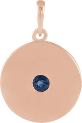 14K Gold Round Natural Blue Sapphire Disc Necklace or Pendant - Rose Gold