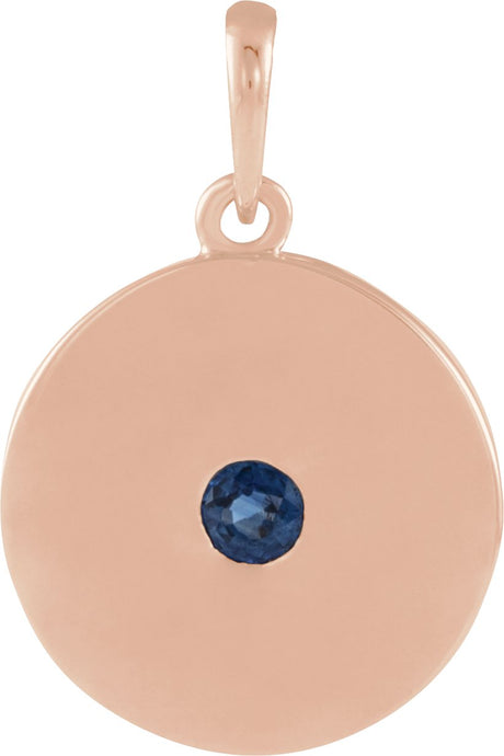 14K Gold Round Natural Blue Sapphire Disc Necklace or Pendant - Rose Gold