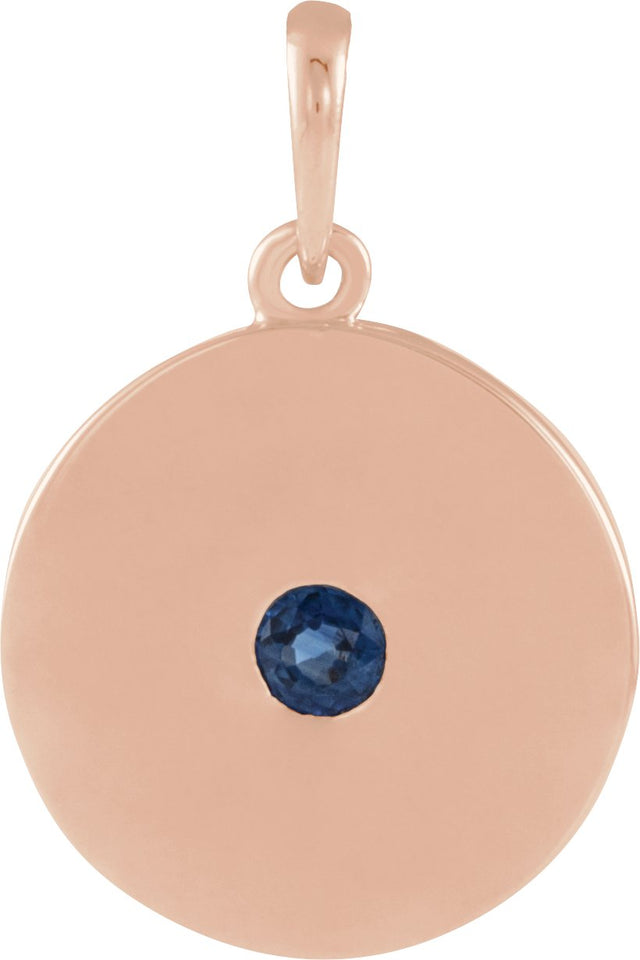 14K Gold Round Natural Blue Sapphire Disc Necklace or Pendant - Rose Gold