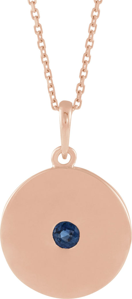 14K Gold Round Natural Blue Sapphire Disc Necklace or Pendant - Rose Gold