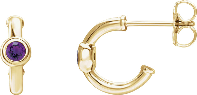 14K Gold Round Natural Amethyst Bezel-Set Huggie Earrings - Yellow Gold