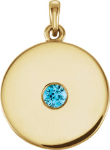 14K Gold Round Natural Blue Zircon Disc Necklace or Pendant - Yellow Gold