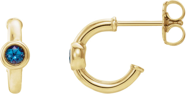 14K Gold Round Lab-Grown Alexandrite Bezel-Set Huggie Earrings - Yellow Gold