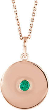 14K Gold Round Natural Emerald Disc Necklace or Pendant - Rose Gold