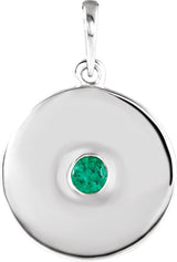 14K Gold Round Natural Emerald Disc Necklace or Pendant - White Gold