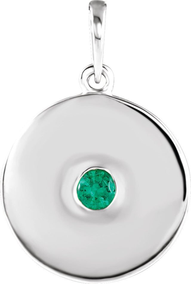 14K Gold Round Natural Emerald Disc Necklace or Pendant - White Gold