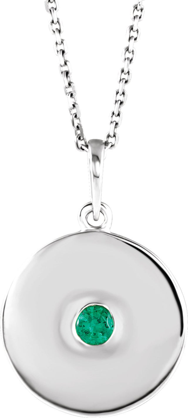 Platinum Round Lab-Grown Emerald Disc Necklace or Pendant