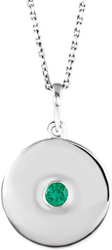 14K Gold Round Natural Emerald Disc Necklace or Pendant - White Gold