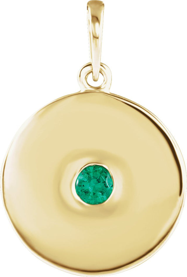 14K Gold Round Natural Emerald Disc Necklace or Pendant - Yellow Gold