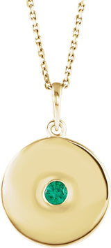 14K Gold Round Natural Emerald Disc Necklace or Pendant - Yellow Gold