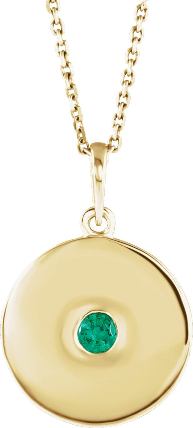 14K Gold Round Natural Emerald Disc Necklace or Pendant - Yellow Gold