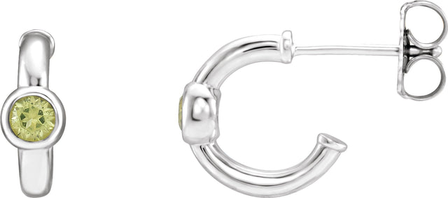 14K Gold Round Natural Peridot Bezel-Set Huggie Earrings - White Gold