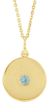 14K Gold Round Natural Blue Zircon Disc Necklace or Pendant - Yellow Gold