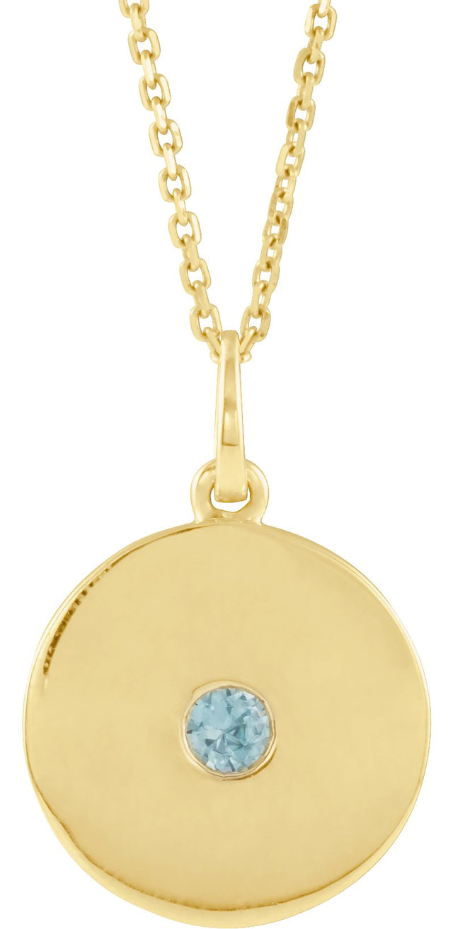 14K Gold Round Natural Blue Zircon Disc Necklace or Pendant - Yellow Gold