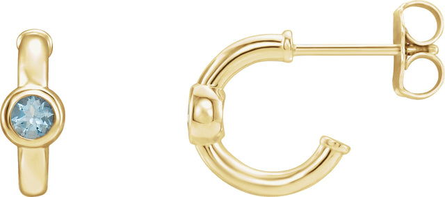 14K Gold Round Natural Aquamarine Bezel-Set Huggie Earrings - Yellow Gold