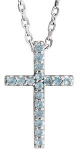 14K Gold Round Natural Swiss Blue Topaz Petite Cross Necklace or Pendant - White Gold