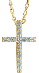 14K Gold Round Natural Swiss Blue Topaz Petite Cross Necklace or Pendant - Yellow Gold