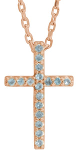 14K Gold Round Natural Swiss Blue Topaz Petite Cross Necklace or Pendant - Rose Gold