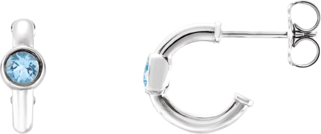 14K Gold Round Natural Aquamarine Bezel-Set Huggie Earrings - White Gold