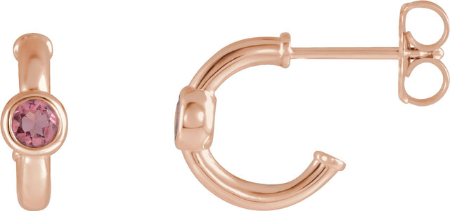 14K Gold Round Natural Pink Tourmaline Bezel-Set Huggie Earrings - Rose Gold