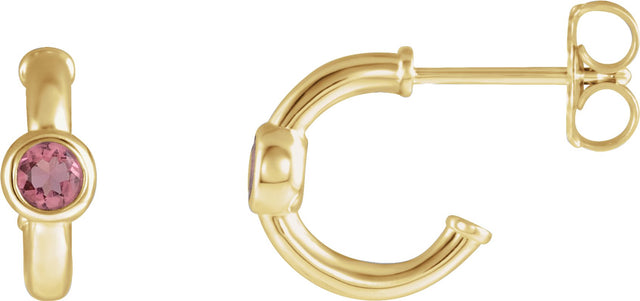 14K Gold Round Natural Pink Tourmaline Bezel-Set Huggie Earrings - Yellow Gold