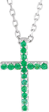 14K Gold Round Natural Emerald Petite Cross Necklace or Pendant - White Gold