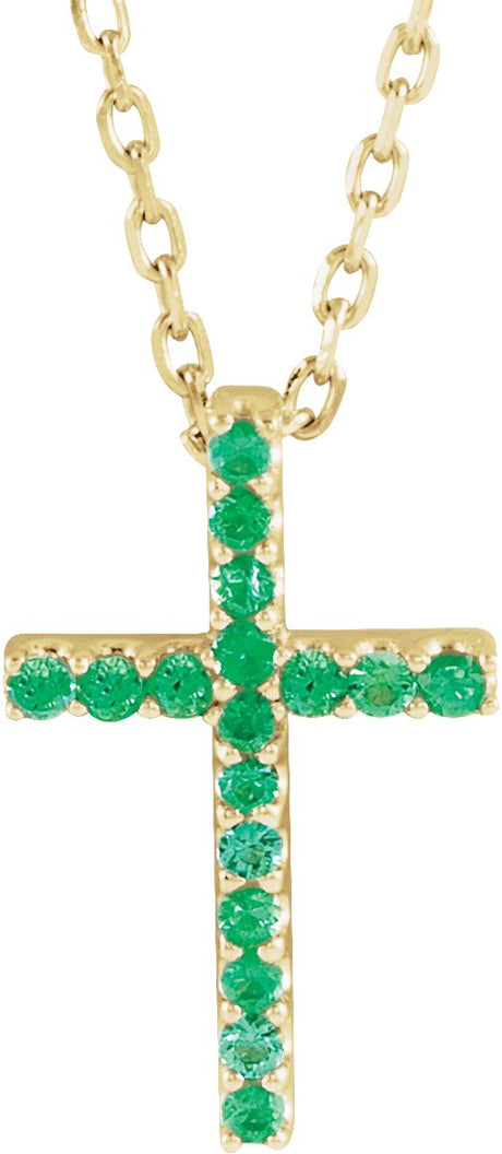 14K Gold Round Natural Emerald Petite Cross Necklace or Pendant - Yellow Gold
