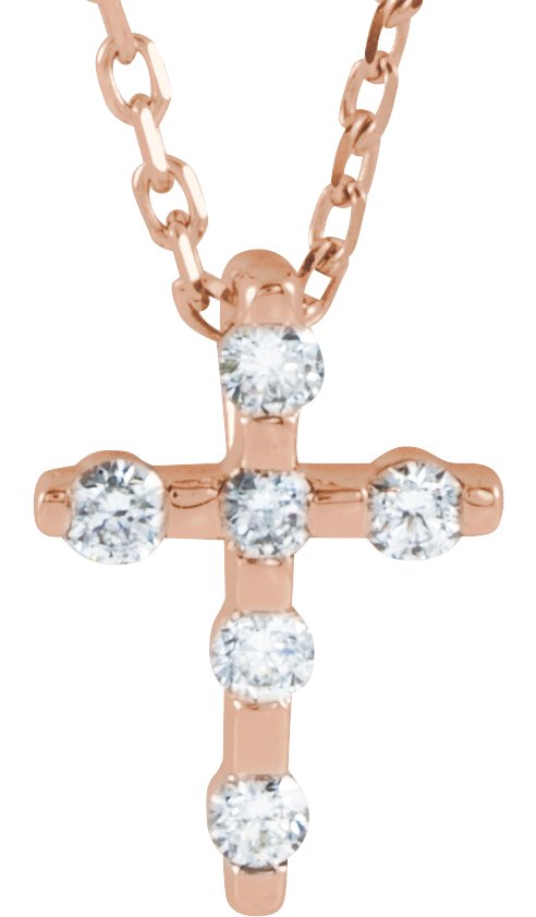 14K Gold Round Natural Diamond Accented Cross Necklace or Pendant – up to 0.08 CTW - Rose Gold