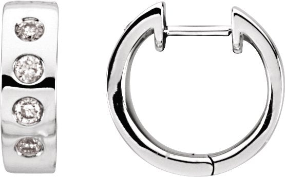 14K Gold Round Natural Diamond Accented Hoop Earrings – 2.1mm Stones - White Gold